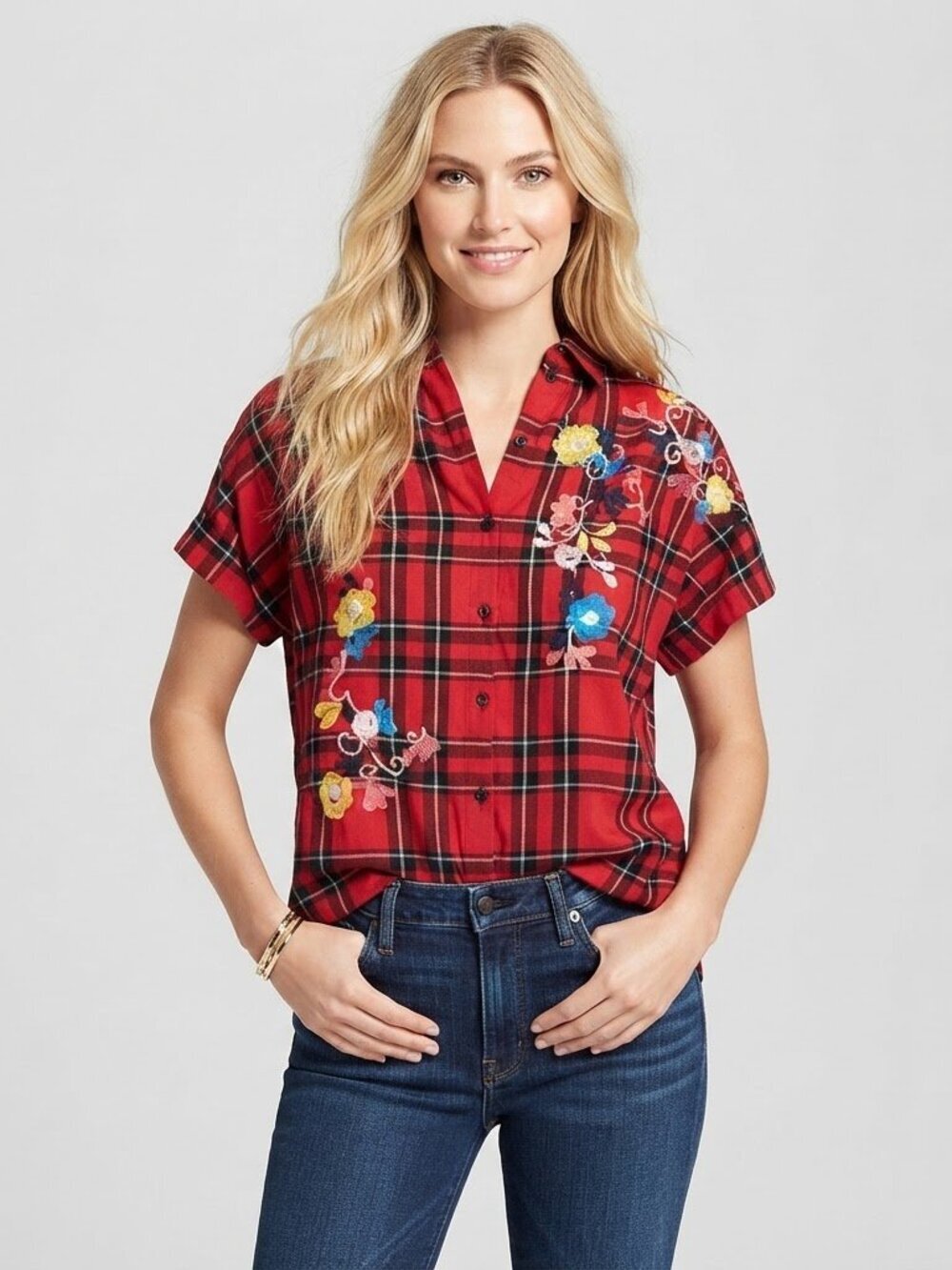 Madewell Embroidered Floral Short Sleeve Button Down Shirt Red Plaid Size XS